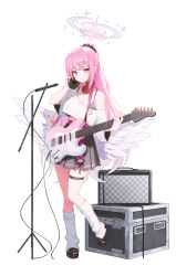  1girl absurdres alternate_costume amplifier black_skirt black_sports_bra blue_archive blush box breasts cleavage closed_mouth cross-laced_clothes cross-laced_skirt electric_guitar feathered_wings full_body gnns guitar halo headphones headphones_around_neck highres instrument kneehighs large_breasts long_hair looking_at_viewer low_wings microphone microphone_stand mika_(blue_archive) music pink_hair pink_halo playing_instrument shirt short_sleeves simple_background single_bare_shoulder single_off_shoulder skindentation skirt smile socks solo sports_bra standing standing_on_one_leg thigh_strap thighs white_background white_shirt white_socks white_wings wing_ornament wings yellow_eyes 