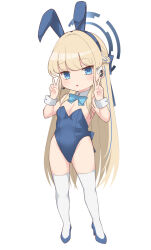  1girl animal_ears aqua_bow aqua_bowtie blue_archive blue_leotard blush bow bowtie breasts chibi detached_collar double_v earpiece expressionless fake_animal_ears full_body halo high_heels highleg highleg_leotard highres leotard looking_at_viewer parted_lips playboy_bunny rabbit_ears simple_background small_breasts soba_(sobaya1938) solo strapless strapless_leotard thighhighs toki_(blue_archive) toki_(bunny)_(blue_archive) v white_background white_thighhighs wrist_cuffs 