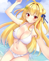  1girl ahoge arm_up bare_arms bare_shoulders bikini blonde_hair blue_ribbon blush breasts cleavage closed_mouth colored_eyelashes commentary_request cowboy_shot curvy day double_bun flower frilled_bikini frills front-tie_bikini_top front-tie_top hair_between_eyes hair_bun hair_flower hair_intakes hair_ornament hair_ribbon halterneck hamidashi_creative izumi_hiyori large_breasts long_hair looking_at_viewer miyako_(mongcocoa) navel outdoors red_eyes ribbon side-tie_bikini_bottom smile solo split_mouth swimsuit tsurime two_side_up very_long_hair white_bikini yellow_flower 