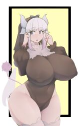  1girl absurdres aged_up black_leotard blue_eyes border breasts covered_erect_nipples cowboy_shot ferdinandusdart gradient_hair grey_hair highres horns huge_breasts kanna_kamui kobayashi-san_chi_no_maidragon leotard long_sleeves multicolored_hair open_mouth purple_hair simple_background solo standing tail thick_thighs thighhighs thighs two-tone_hair white_border white_thighhighs yellow_background  rating:Questionable score:20 user:DarkToonLink