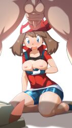 1boy 1girl absurdres bandana bike_shorts black_undershirt blue_eyes blush breasts breasts_out brown_hair creatures_(company) cum cum_on_body cum_on_breasts cum_on_upper_body flustered game_freak gloves hetero highres large_breasts may_(pokemon) nintendo nipples oni-sanart open_mouth penis pokemon red_bandana red_shirt seiza shirt short_hair_with_long_locks sidelocks sitting testicles thighs uncensored view_between_legs 