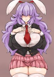  1girl :v animal_ears black_vest blush breasts brown_background closed_mouth collared_shirt commentary_request cowboy_shot hair_over_eyes hands_on_own_chest highres huge_breasts long_hair long_sleeves looking_at_viewer necktie pink_skirt purple_hair rabbit_ears rabbit_girl red_eyes red_necktie reisen_udongein_inaba shirt simple_background skirt smile solo thighhighs thighs touhou vest washiwa white_shirt white_thighhighs 