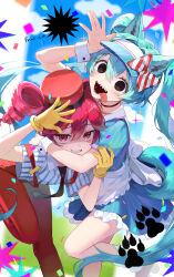  2girls animal_ears animal_hands arm_above_head arm_around_neck black_choker black_eyes black_neckerchief blue_dress blue_hair blue_hat blue_shirt blue_sky bow choker cloud cloudy_sky commentary_request confetti day dog_ears dog_girl dog_paws dog_tail dress drill_hair english_text gloves hair_bow hat hatsune_miku highres kasane_teto leaning_forward long_hair looking_at_viewer mesmerizer_(vocaloid) multiple_girls myrpo neckerchief nervous_smile nervous_sweating open_mouth outdoors overalls paw_print pinstripe_dress pinstripe_hat pinstripe_pattern red_bow red_hair red_hat red_overalls roller_skates saliva sharp_teeth shirt short_sleeves skates sky smile socks standing standing_on_one_leg striped_clothes striped_shirt sweat tail teeth tongue tongue_out twin_drills twintails vocaloid white_socks yellow_gloves 