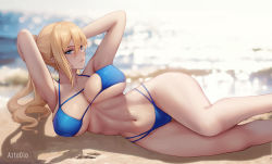  1girl armpits arms_behind_back artist_name aztodio bad_anatomy bare_arms bare_legs bare_shoulders beach bikini blonde_hair blue_bikini blue_eyes breasts collarbone commentary english_commentary feet_out_of_frame genshin_impact hair_between_eyes jean_(genshin_impact) large_breasts long_hair looking_at_viewer lying navel on_side outdoors ponytail shadow sidelocks smile solo stomach swimsuit thighs  rating:Sensitive score:72 user:danbooru