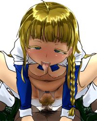 1girl ahegao ahoge blonde_hair blue_eyes blunt_bangs blush bottomless braid breasts clitoris colored_eyelashes cowgirl_position cum cum_in_pussy drooling girl_on_top hands_out_of_frame long_hair medium_breasts navel open_mouth penis pubic_hair pussy saliva sex shiny_skin shoes shuuru_(raysen) side_braid simple_background socks squatting_cowgirl_position standing_on_person straddling tales_weaver teeth thick_eyebrows tichiel_juspian tongue tongue_out uncensored upper_teeth_only rating:Explicit score:41 user:kein718