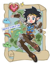  1girl :d absurdres armor belt black_hair blue_eyes blue_shirt boots brown_footwear brown_gloves clenched_hand dengcio english_text fingerless_gloves full_body gloves heart highres korean_commentary map official_alternate_costume open_hand open_mouth overwatch overwatch_2 pachimari pointy_ears rainbow shirt short_hair slime_(substance) smile solo star_(symbol) tracer_(overwatch) 