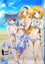  10s 3girls :d absurdres arm_behind_back arms_behind_back artist_request bare_shoulders beach bikini blonde_hair blue_eyes blush body_blush breast_hold breasts cecilia_alcott charlotte_dunois cleavage cloud curly_hair day eyepatch frilled_bikini frills front-tie_top groin hand_on_own_arm highres infinite_stratos jewelry laura_bodewig legs long_hair long_legs looking_at_viewer medium_breasts multiple_girls navel official_art open_mouth outdoors pendant purple_eyes red_eyes sarong scan silver_hair sky smile standing swimsuit thigh_strap twintails very_long_hair volleyball_net white_bikini wristband  rating:Sensitive score:56 user:danbooru