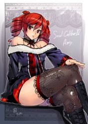 1girl amy_sorel ashiomi_masato bare_shoulders boots border breasts character_name choker cleavage copyright_name cross-laced_footwear crossed_legs curvy drill_hair fishnet_thighhighs fishnets gradient_background lace-up_boots looking_at_viewer red_eyes red_hair sitting small_breasts solo soul_calibur soulcalibur soulcalibur_iv thick_thighs thighhighs thighs twin_drills wide_hips rating:Sensitive score:80 user:danbooru