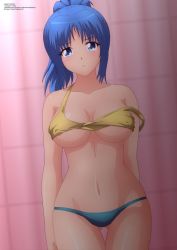  1girl blue_eyes blue_hair blue_panties blush breasts cleavage curtains derivative_work large_breasts leona_heidern long_hair looking_at_viewer midriff navel no_bra panties ponytail self-upload shirt snk strap_slip tank_top the_king_of_fighters underwear yellow_shirt zel-sama  rating:Questionable score:33 user:zelsama