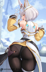  1boy 1girl animal_ears ass ass_grab bare_shoulders blush cat_ears deep_skin detached_sleeves embarrassed from_behind gloves looking_at_viewer looking_back looking_down nia_(xenoblade) open_mouth panties panties_under_pantyhose pantyhose rex_(xenoblade) short_hair smile solo_focus thigh_strap underwear xenoblade_chronicles_(series) xenoblade_chronicles_2 xenoblade_chronicles_3 yellow_eyes z-ki  rating:Sensitive score:19 user:armorcrystal