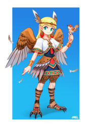 1girl bird bird_on_hand bird_wings bracelet circlet earrings feathered_wings feathers full_body highres jewelry long_hair ohil_(ohil822) original short_sleeves solo sparrow standing straight_hair talons wings rating:Sensitive score:2 user:danbooru