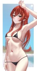  1girl ahoge arm_at_side arm_up armpits beach bikini black_bikini black_bikini_bottom blurry blurry_background blush border breasts closed_mouth commentary cowboy_shot day eris_greyrat expressionless hair_between_eyes highres ichi854 legs_together lens_flare light_rays long_hair looking_at_viewer medium_breasts micro_bikini mushoku_tensei navel outdoors outside_border red_eyes red_hair solo standing stomach string_bikini sunbeam sunlight swimsuit thighs white_border 
