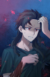  1boy brown_hair chinese_commentary clenched_teeth collarbone commentary_request crying crying_with_eyes_open fengtian_(artist) green_shirt hand_on_own_chest hand_on_own_forehead harada_minoru highres long_hair male_focus red_eyes saibou_shinkyoku scar scar_on_arm scar_on_face scar_on_forehead shirt short_hair solo t-shirt tears teeth upper_body 
