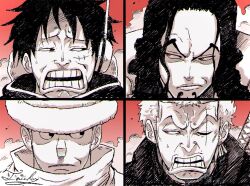  4boys black_eyes black_hair closed_mouth disgust earrings facial_hair frown goatee grimace hat headphones highres jewelry kaku_(one_piece) long_hair long_nose looking_at_another male_focus monkey_d._luffy monochrome multiple_boys multiple_earrings one_eye_closed one_piece open_mouth orange_eyes partially_colored portrait red_background rob_lucci roronoa_zoro scar scar_across_eye scar_on_face short_hair small_sweatdrop sword tacchan56110 teeth weapon white_hat  rating:General score:1 user:danbooru