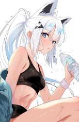1girl animal_ears armpit_crease bare_legs bare_shoulders blue_eyes bottle breasts breath commentary_request dripping flying_sweatdrops fox_ears hair_ornament highres holding holding_bottle hololive jacket long_hair looking_at_viewer looking_to_the_side navel parted_lips ponytail shirakami_fubuki sidelocks simple_background small_breasts solo sports_bra sportswear stomach sweat tanishi_(hetianming11093) thighs unworn_jacket very_sweaty virtual_youtuber water_bottle white_background white_hair