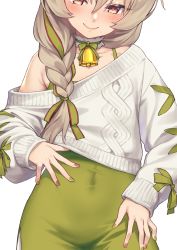  1girl arknights beanstalk_(arknights) beanstalk_(gift_uncompleted)_(arknights) bell blush braid closed_mouth collarbone covered_navel cowboy_shot dress green_dress green_nails green_ribbon hair_over_shoulder hair_ribbon hands_on_own_hips highres long_hair long_sleeves looking_at_viewer megalateo nail_polish neck_bell off_shoulder official_alternate_costume pink_nails red_eyes ribbon seductive_smile simple_background single_bare_shoulder single_braid smile solo sweater white_background white_sweater  rating:Sensitive score:19 user:danbooru