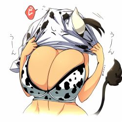 1girl breasts brown_hair cleavage cow_girl cow_horns cow_tail gigantic_breasts hair_ribbon hataraki_ari horns original ribbon simple_background solo standing sukimi tail white_background rating:Questionable score:84 user:leejunne