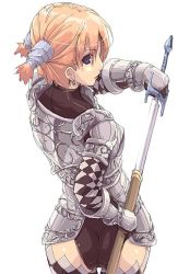  1girl armor ass black_panties blue_eyes earrings from_behind gauntlets holding holding_sheath holding_sword holding_weapon human_(lineage_2) jewelry jpeg_artifacts kyo_(kuroichigo) left-handed lineage lineage_2 looking_back orange_hair panties profile scabbard sheath short_hair short_twintails simple_background skin_tight solo sword thighhighs twintails underwear unsheathing weapon white_background  rating:Sensitive score:35 user:danbooru