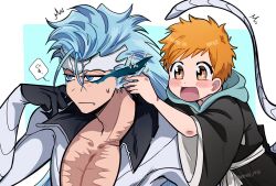  2boys :d animal_ears black_kimono bleach bleach:_epilogue bleach:_sennen_kessen-hen blue_eyes blue_hair blush_stickers brown_eyes cat_boy cat_ears cat_tail child claws closed_mouth commentary_request facial_mark facial_scar fang frown grimmjow_jaegerjaquez hand_up happy highres japanese_clothes jitome kimono kurosaki_kazui light_blush long_hair long_sleeves looking_afar looking_at_another motion_lines multiple_boys open_mouth orange_hair resurreccion scar scar_on_cheek scar_on_face short_hair simple_background smile sound_effects sparkling_eyes speech_bubble sweatdrop tail twitching twitter_username upper_body wide_sleeves yanono_015 