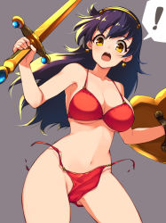  ! 1girl athena_(series) bikini breasts collarbone commentary_request earrings grey_background holding holding_sword holding_weapon jewelry large_breasts long_hair looking_at_viewer navel open_mouth princess_athena purple_hair red_bikini shield simple_background solo spoken_exclamation_mark standing string_bikini swimsuit sword teeth upper_teeth_only wardrobe_malfunction weapon yellow_eyes youhei_64d  rating:Questionable score:30 user:danbooru