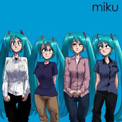  4girls album_cover_redraw aqua_eyes aqua_hair arms_behind_back black_pants black_shirt blue_background breasts brian_bell brian_bell_(cosplay) brown_pants closed_mouth collared_shirt commentary cosplay derivative_work feet_out_of_frame gingrjoke hair_ornament hatsune_miku highres large_breasts long_hair long_sleeves looking_at_viewer matt_sharp matt_sharp_(cosplay) multiple_girls own_hands_together pants parody patrick_wilson patrick_wilson_(cosplay) rivers_cuomo rivers_cuomo_(cosplay) shirt short_sleeves simple_background smile striped_clothes striped_shirt twintails undershirt vertical-striped_clothes vertical-striped_shirt very_long_hair vocaloid weezer_(album) weezer_(band) white_shirt  rating:Sensitive score:13 user:danbooru