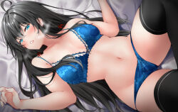  1girl bed bed_sheet black_hair black_thighhighs blue_bra blue_eyes blue_panties blush bow bow_bra bra breasts collarbone commentary_request hair_ribbon highres long_hair looking_at_viewer lying navel on_back on_bed paid_reward_available panties red_hayao red_ribbon ribbon small_breasts solo thighhighs underwear underwear_only yahari_ore_no_seishun_lovecome_wa_machigatteiru. yukinoshita_yukino 