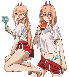 1girl absurdres aqua_panties ass bare_legs barefoot blush breasts chainsaw_man cross-shaped_pupils demon_horns dolphin_shorts eating electric_fan feet food fruit gluteal_fold hand_fan highres holding holding_fan holding_food holding_fruit holding_watermelon horns hot legs light_brown_hair looking_at_viewer medium_breasts multiple_views navel panties power_(chainsaw_man) red_shorts sharp_teeth shiren_(ourboy83) shirt shorts simple_background stomach sweatdrop symbol-shaped_pupils teeth toenails toes tongue tongue_out underwear watermelon white_background white_shirt