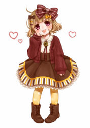  1girl :d ahoge blush bolo_tie boots bow brown_footwear brown_hair child dress full_body hair_bow hair_ornament hair_ribbon happy heart heart_hair_ornament highres looking_at_viewer open_mouth original pantyhose print_legwear purple_eyes ribbon shiratama_(mofutto) short_hair simple_background sleeves_past_wrists smile snowflake_hair_ornament snowflake_print snowflakes solo standing sweater thighhighs white_background yellow_pantyhose 