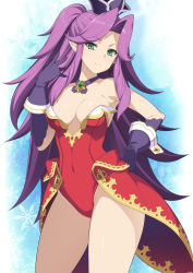 1girl angela_(seiken_densetsu_3) arm_up bare_legs bare_shoulders breasts cleavage collar commentary_request earrings gloves green_eyes hair_intakes hand_on_own_hip headwear_request highres jewelry kinoshita_ichi leotard long_hair looking_at_viewer medium_breasts pointy_ears purple_gloves purple_hair red_leotard seiken_densetsu seiken_densetsu_3 sidelocks solo 