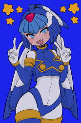  1girl absurdres android armor blue_armor blue_background blue_eyes blue_helmet blue_sleeves blue_vest boots breasts buzzlyears covered_navel crop_top crotch_plate detached_sleeves double_v fairy_leviathan_(mega_man) fang forehead_jewel helmet highres looking_at_viewer mega_man_(series) mega_man_zero_(series) open_mouth simple_background solo star_(symbol) thigh_boots upper_body v vest  rating:General score:1 user:danbooru