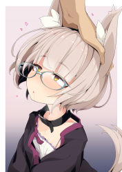 1boy 1girl animal_ear_fluff animal_ears black_collar black_jacket blue-framed_eyewear blush brown_hair camisole collar collarbone commentary_request drooling glasses headpat heart highres in_heat irene_(ogami_kazuki) jacket nose_blush ogami_kazuki open_clothes open_jacket original out_of_frame parted_lips saliva solo_focus tail white_camisole yellow_eyes rating:Sensitive score:60 user:danbooru