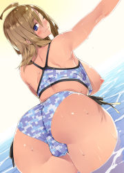  1girl 23_(real_xxiii) ahoge ass bikini black_ribbon blonde_hair blue_bikini blue_eyes blush breasts breasts_out cameltoe camouflage digital_camouflage fat_mons from_behind highres large_breasts leaning leaning_forward long_hair looking_back nipples one_eye_closed original partially_submerged ribbon side-tie_bikini_bottom simple_background skindentation smile soaking_feet solo swimsuit ursula_(23) wading water wet white_background  rating:Questionable score:217 user:amuro_ray32