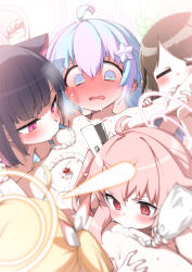  5girls =_= after-school_sweets_club_(blue_archive) ahoge airi_(blue_archive) animal_ears blue_archive blue_eyes blue_hair blush breast_sucking breasts cat_ears cherry commentary_request cream ear_blush food food_on_body fruit full-face_blush hair_ornament harem highres hitotose_rin implied_cunnilingus kazusa_(blue_archive) loli multicolored_hair multiple_girls natsu_(blue_archive) navel nervous_sweating nude nyotaimori pastry_bag pink_eyes pink_hair red_eyes reisa_(blue_archive) small_breasts star_(symbol) star_hair_ornament sweat two-tone_hair yoshimi_(blue_archive) yuri 