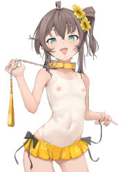  1girl ahoge animal_collar bdsm belt_collar bikini bikini_bottom_only blue_eyes blush breasts brown_hair chain chain_leash collar collarbone cowboy_shot eyebrows female_focus flower frilled_bikini frills green_eyes hair_between_eyes hair_flower hair_ornament hand_up heart_collar highres holding holding_leash hololive leash loli long_hair looking_at_viewer mitsuru_(pixiv_34028718) natsuiro_matsuri natsuiro_matsuri_(hololive_summer_2019) navel nipples one-piece_tan open_mouth side_ponytail simple_background slave small_breasts smile solo standing stomach swimsuit tan tanline teeth tongue tongue_out topless upper_body upper_teeth_only virtual_youtuber white_background yellow_bikini yellow_collar yellow_flower  rating:Questionable score:313 user:danbooru