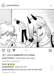  1girl 2boys absurdres animal animal_on_shoulder candy cat cat_on_shoulder chainsaw_man chocolate chocolate_heart cross-shaped_pupils denji_(chainsaw_man) disgust english_text fake_screenshot fangs food frills greyscale hair_between_eyes hayakawa_aki heart highres horns instagram kiunchiku meowy_(chainsaw_man) monochrome multiple_boys power_(chainsaw_man) sharp_teeth sweat symbol-shaped_pupils teeth tongue tongue_out topknot vomiting  rating:General score:4 user:danbooru