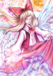  1girl angel_wings bad_id bad_twitter_id blonde_hair bow buttons center_frills closed_mouth collared_shirt colored_eyelashes commentary cowboy_shot english_commentary feathered_wings fire floating_hair frilled_bow frilled_neckerchief frilled_shirt_collar frilled_skirt frilled_sleeves frills gengetsu_(touhou) gift_art hair_bow highres lips long_hair looking_at_viewer luo_qiangwei medium_skirt neckerchief one_eye_closed open_clothes open_vest orange_background petticoat puffy_sleeves pyrokinesis red_bow red_neckerchief red_skirt red_vest shirt skirt skirt_hold skirt_set smile solo spread_wings touhou touhou_(pc-98) vest white_shirt white_sleeves white_wings wings yellow_eyes 