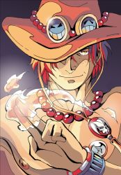  1boy 89139804364 bracelet fire freckles hat hat_over_one_eye jewelry male_focus necklace one_piece portgas_d._ace topless_male solo stampede_string  rating:Sensitive score:2 user:nrt