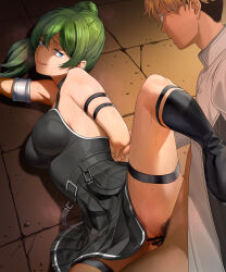  1boy 1girl a1_(initial-g) arm_grab arm_held_back arm_strap armlet bar_censor bare_shoulders belt black_belt black_choker black_dress blonde_hair blue_eyes blush breasts censored choker closed_mouth commentary_request dress from_above glasses green_hair hair_between_eyes hetero highres land_(sousou_no_frieren) leg_up licking_lips long_hair looking_at_another male_pubic_hair penis pleated_dress pubic_hair short_hair side_ponytail smile solo_focus sousou_no_frieren spread_legs sweat thigh_strap tongue tongue_out ubel_(sousou_no_frieren) vaginal variant_set 