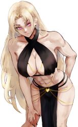  1girl alternate_costume belly_chain black_dress black_nails blonde_hair breasts chain cleavage closed_mouth collarbone cowboy_shot criss-cross_halter cropped_legs deltoids dress fingernails gold_chain halterneck heart_pendant highres jewelry jujutsu_kaisen large_breasts long_fingernails long_hair looking_to_the_side muscular muscular_female navel pink_eyes simple_background solo stomach tsukumo_yuki_(jujutsu_kaisen) vcais white_background 