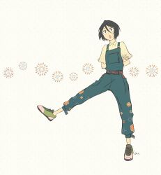  1girl :o absurdres arms_behind_back black_eyes bleach blue_overalls floral_print full_body gaki_0929 hair_between_eyes highres kuchiki_rukia long_bangs looking_at_viewer open_mouth overalls shirt shoes short_hair short_sleeves solo yellow_shirt 