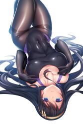  1girl absurdres aethel_(fieldmarshal98) black_gloves black_hair black_one-piece_swimsuit blue_eyes breasts closed_mouth collarbone commission competition_swimsuit covered_erect_nipples covered_navel elbow_gloves gloves highleg highleg_swimsuit highres large_breasts long_hair looking_at_viewer lying on_back one-piece_swimsuit original pantyhose pantyhose_under_swimsuit second-party_source simple_background skeb_commission skin_tight solo swimsuit thigh_gap thighband_pantyhose tiara upside-down very_long_hair white_background yuumaru_(you-mya)  rating:Sensitive score:16 user:danbooru