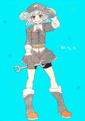 1girl adapted_costume bad_id bad_pixiv_id blue_eyes blue_hair boots gloves grin hat kawashiro_nitori plaid shimana_(cs-ts-az) shorts smile touhou twintails two_side_up unmoving_pattern wrench  rating:Sensitive score:3 user:danbooru