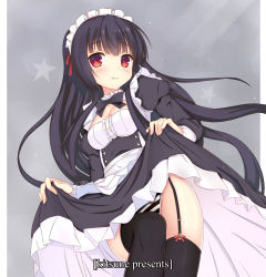  1girl apron arm_up artist_name bad_id bad_pixiv_id black_hair black_thighhighs breasts buttons cleavage dress frilled_dress frills grey_background highres leg_up long_hair long_sleeves maid maid_apron maid_headdress original panties red_eyes sash shiny_skin simple_background smile solo striped_clothes striped_panties suspenders tenpyou_no_kitsune thighhighs underwear upskirt very_long_hair  rating:Sensitive score:6 user:danbooru