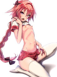 1boy astolfo_(fate) astolfo_(sailor_paladin)_(fate) black_ribbon braid fang fate/apocrypha fate/grand_order fate_(series) hair_ribbon highres looking_at_viewer male_focus navel nipples official_alternate_costume open_mouth pecolondon purple_eyes red_skirt revision ribbon school_uniform serafuku short_sleeves simple_background single_braid skirt solo thighhighs trap white_background white_thighhighs rating:Questionable score:49 user:danbooru