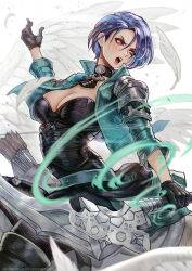  1girl angry arrow_(projectile) blue_hair bodice bow_(weapon) breasts choker cleavage feathered_wings feathers fire_emblem fire_emblem:_three_houses gloves hair_between_eyes highres horseback_riding jacket large_breasts magion02 nintendo open_mouth pants pegasus purple_eyes quiver riding shamir_nevrand short_hair solo weapon wings 