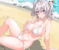  1girl absurdres arm_support beach bikini blue_eyes breasts commentary_request from_side grey_hair hair_between_eyes hair_ribbon halterneck hand_up highres kantai_collection kashima_(kancolle) knee_up large_breasts long_hair looking_at_viewer navel nitamako_(sakamalh) ocean open_mouth outdoors reclining ribbon side-tie_bikini_bottom sidelocks sitting smile solo swimsuit twintails untied_bikini untied_bikini_bottom wavy_hair white_bikini 
