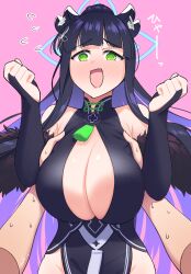  1girl :d @_@ animal_ear_fluff animal_ears bare_shoulders black_hair blue_archive breasts cleavage commentary_request dress green_eyes high_ponytail highres huge_breasts long_hair looking_at_viewer open_mouth oyaji-sou ponytail shun_(blue_archive) smile solo sweat upper_body 
