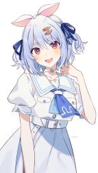  1girl :d animal_ears blue_hair blue_neckerchief blue_ribbon breasts carrot_hair_ornament curly_hair dress food-themed_hair_ornament gradient_hair hair_between_eyes hair_ornament hair_ribbon hand_in_own_hair hands_up highres hololive looking_at_viewer medium_breasts multicolored_hair neckerchief official_alternate_costume open_mouth rabbit-shaped_pupils rabbit_ears rabbit_tail red_eyes ribbon sailor_collar sailor_dress short_eyebrows smile solo standing symbol-shaped_pupils tail teeth thick_eyebrows tomari_(veryberry00) two-tone_eyes two-tone_hair two_side_up upper_teeth_only usada_pekora usada_pekora_(casual) virtual_youtuber white_dress white_hair yellow_eyes 