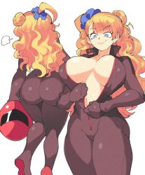 1girl ass blonde_hair blue_eyes bodysuit breasts breasts_apart curvy galko hair_bun highres huge_ass huge_breasts inkerton-kun long_hair multiple_views open_bodysuit open_clothes oshiete!_galko-chan single_side_bun smile standing thick_thighs thighs unzipped unzipping white_background  rating:Questionable score:182 user:TDogarooski