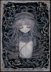  1girl acrylic_paint_(medium) amputee ascot brooch closed_eyes commentary cracked_skin doll doll_joints expressionless eyelashes flat_chest hair_spread_out hairband highres jewelry joints lace long_hair nipples original painting_(medium) pale_skin plant quadruple_amputee see-through see-through_sleeves sumire_shisei traditional_media vines wavy_hair 